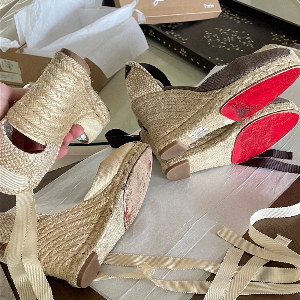 2 pair Christian Louboutin Brown Espadrille Flats with Ankle Ties